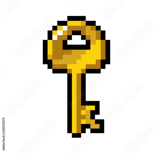 Retro pixel art golden key illustration isolated on white background, vintage gaming design element