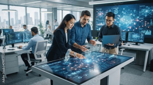 Diverse team of data analysts working on a digital touch table in a modern office.
