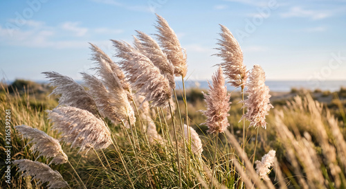 Картината върху платно Pampas grass swaying in the breeze against a clear blue sky
