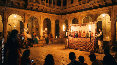 Traditional Indian Puppet Show Performance at Night with Audience Watching