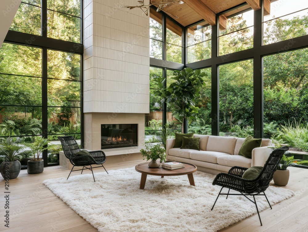 Fototapeta premium Spacious modern living room with floortoceiling windows, a stone fireplace, cream sofa, and black wicker chairs on a plush white rug