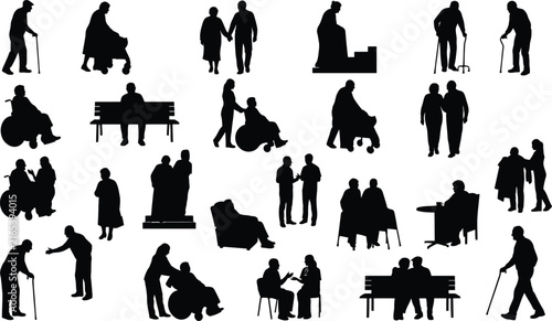 Set of silhouettes of elderly people including seniors walking sitting in wheelchairs and talking isolated on transparent background, Vector