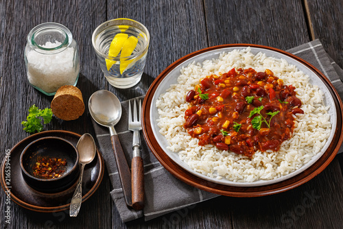 Vegetarian Chili Sin Carne over steamed rice