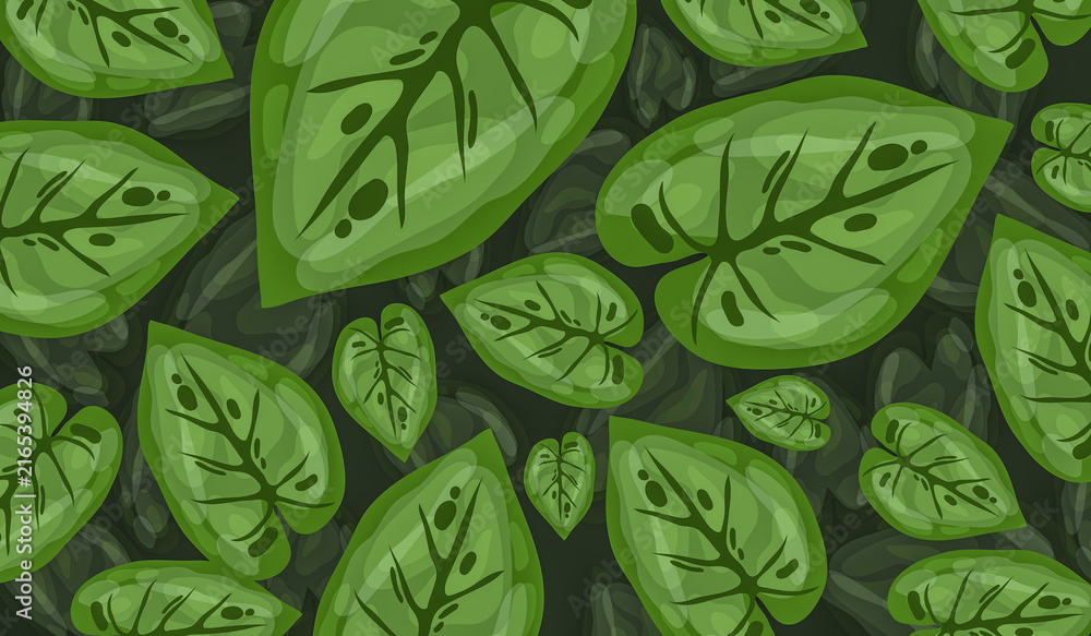 Green tropical leaves form a repeating vector pattern on a dark background