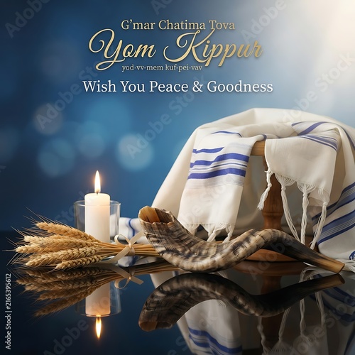Yom kippur greeting with shofar, tallit, and candle