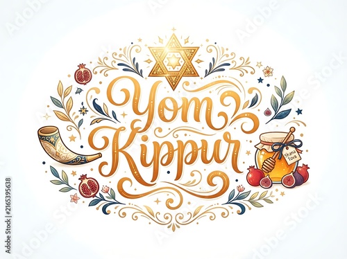 Yom kippur greeting card design with star of david, shofar, honey jar, and pomegranates isolated on white background