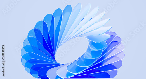 3D Render of Abstract Blue Glass Petals Spiral Formation Modern Digital Art Geometric Circular Design Futuristic Translucent Sculpture