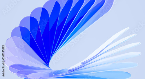 3D Render of Abstract Blue Gradient Glass Petals Forming Spiral Fan Shape on Light Background Modern Digital Art