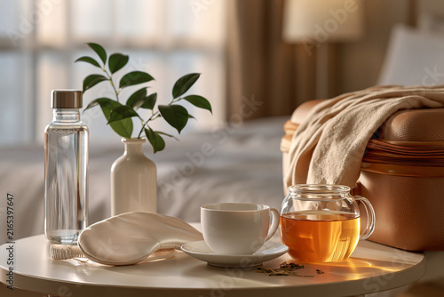 Luxury travel recovery scene with suitcase water bottle sleep mask herbal tea and hotel light highlighting jet lag brain fog wellness
