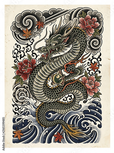 Japanese dragon tattoo illustration with traditional flowers and waves in vintage style