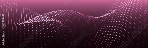 An abstract colorful wave of glowing dots on a dark background. The illustration conveys the visualization of a data flow, a 3D grid, forming a futuristic landscape of glowing particles. Suitable for 