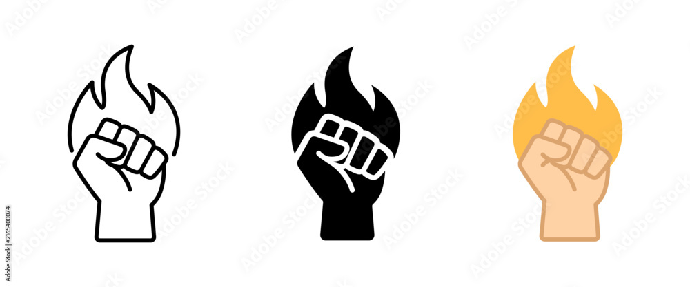 Fototapeta premium Fist with fire icon. Power and resistance symbol. Simple pictogram for strength, protest, revolution, freedom, courage, determination, empowerment, activism and fighting spirit.
