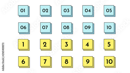 Vector Number Icons Set 1 to 10 in Light Blue and Yellow Square Shapes