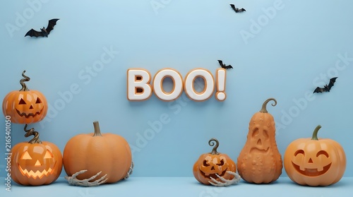 A delightful halloween scene featuring carved pumpkins spooky bats and a glowing 'boo ' text display