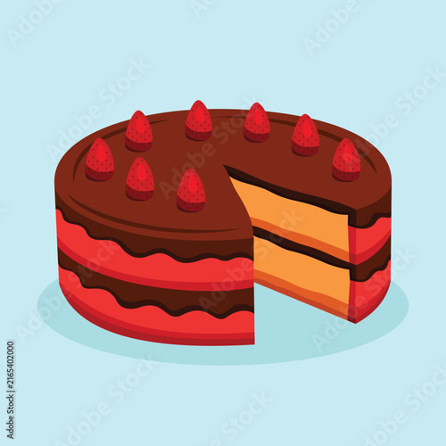 Cake Tart Bread Chocolate and Strawberry Red Colored Isolated Gourmet Pastry Vector Bright Stylized