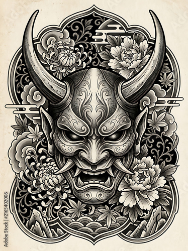 Japanese Hannya mask tattoo design with traditional floral elements and demon horns