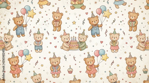 adorable seamless repeating birthday pattern featuring cute teddy bears celebrating a birthday