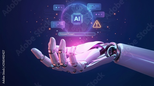 Robotic hand holding artificial intelligence interface with glowing data streams.