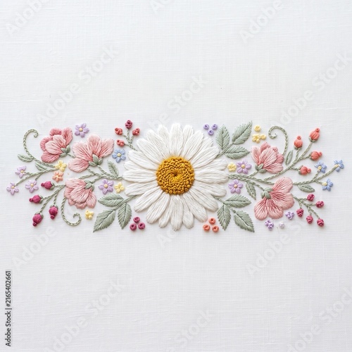 Premium Floral Embroidery Composition with Graceful Horizontal Botanical Decorative Design Artwork.