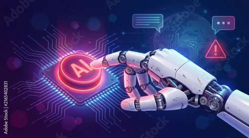 Robotic hand pressing AI button on futuristic circuit board with digital chat bubbles.
