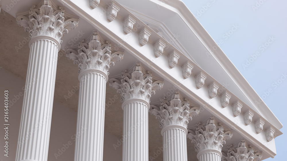 Obraz premium Ornate Corinthian Columns and Classical Pediment of an Ancient Greek Building Under Blue Sky