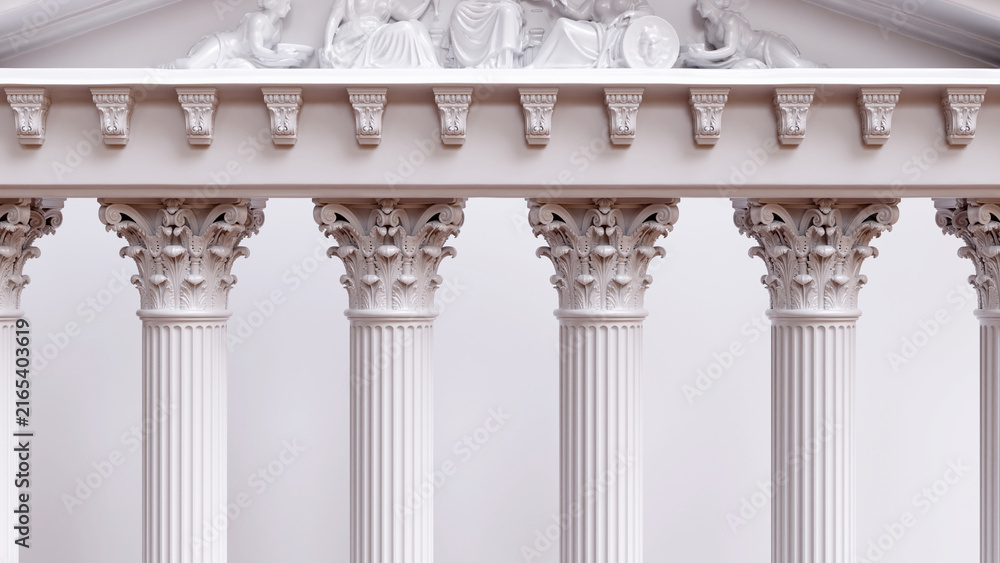 Fototapeta premium Corinthian columns support an ornate entablature and sculpted classical pediment, ancient Greek architecture