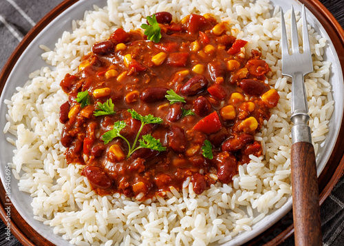 Vegetarian Chili Sin Carne over steamed rice