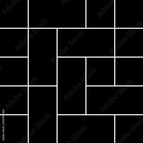 An abstract illustration, executed in a minimalist style, using rectangular modules of varying sizes. The contrast of the black background and white lines creates a strict geometric grid, suitable for