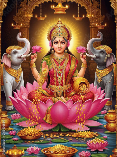 Traditional mythological iconography of Goddess Lakshmi bringing prosperity and wealth.