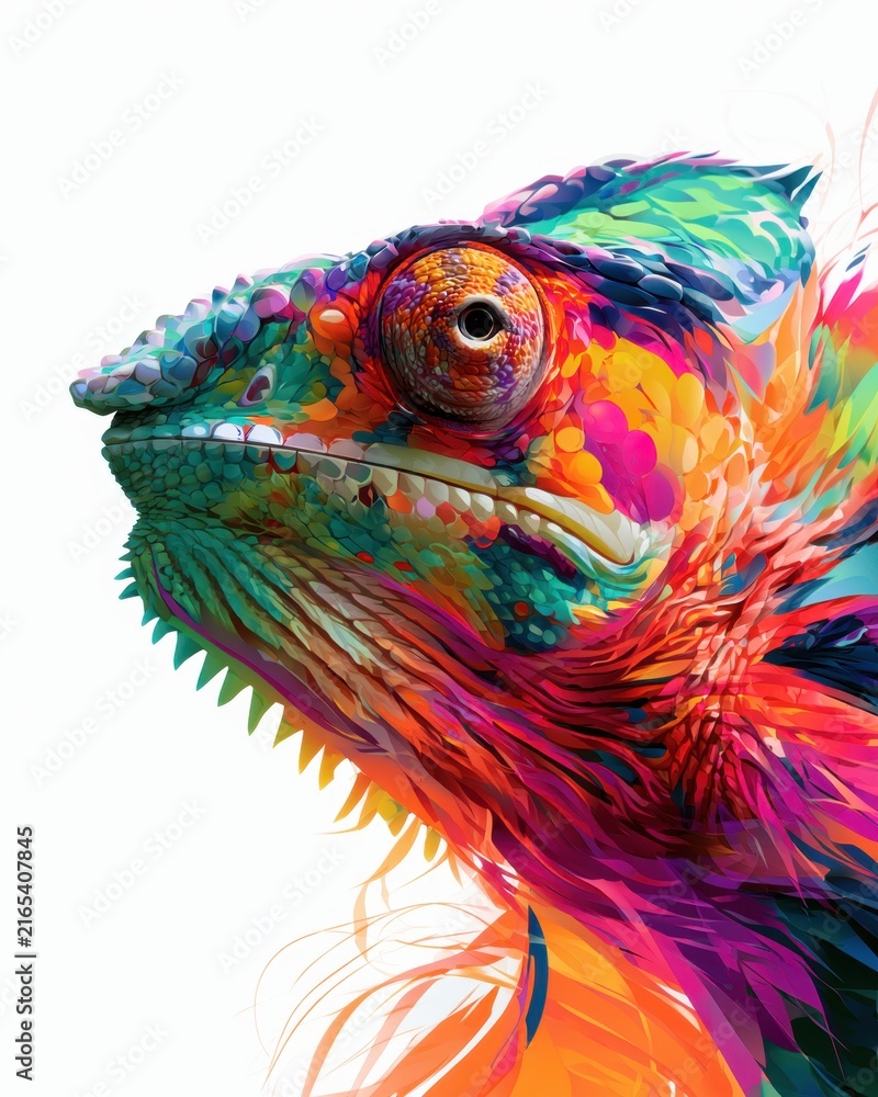 Obraz premium vibrant colorful chameleon macro close up portrait with expressive eye bright scales dynamic textures and rainbow artistic details ideal for wild reptile art and exotic nature concepts