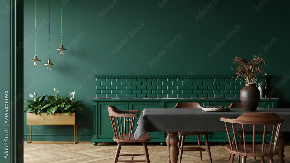 Fototapeta premium Modern dining room interior with dark green painted walls and wooden furniture