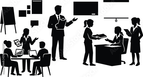 Business Meeting and Office Teamwork Solid Black Silhouette Vector Illustration