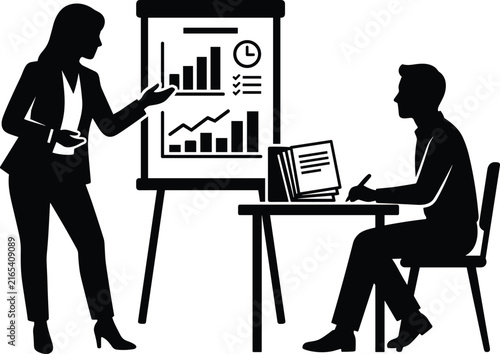 Business Presentation and Financial Analysis Meeting Silhouette Vector Illustration