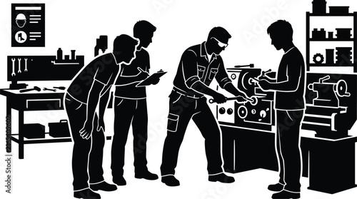 Industrial Workshop Workers and Machinists Solid Black Silhouette