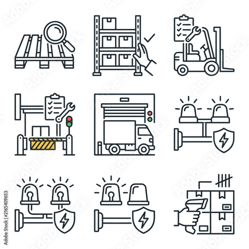 Logistics and warehouse operation icons depict automated supply chain management tasks including scanning boxes and industrial safety protocols for modern business.