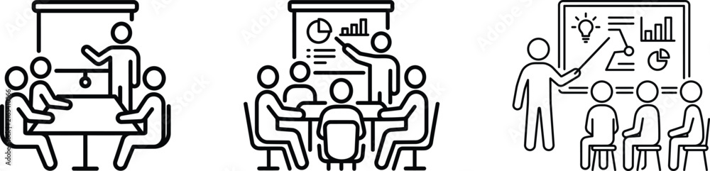 Fototapeta premium Presenter with idea lightbulb and chart board leading team meeting icon set, outline style, vector illustration for brainstorming, teamwork, conference, corporate training on transparent background