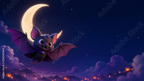 Cute 3D Bat Flying Under Crescent Moon on Halloween Night