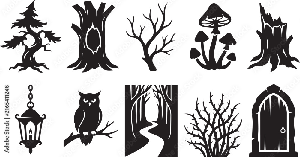 Fototapeta premium Spooky forest elements and mysterious nature silhouette vector icon set