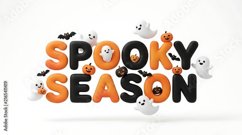 Spooky season typography design featuring orange and black balloon letters decorated with cute ghosts bats and pumpkins for a fun halloween celebration