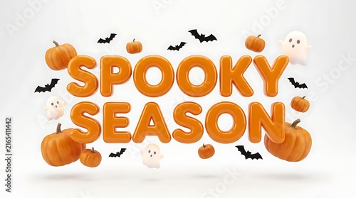 Three dimensional orange text reading spooky season surrounded by cute pumpkins bats and ghosts on a clean white background for halloween design