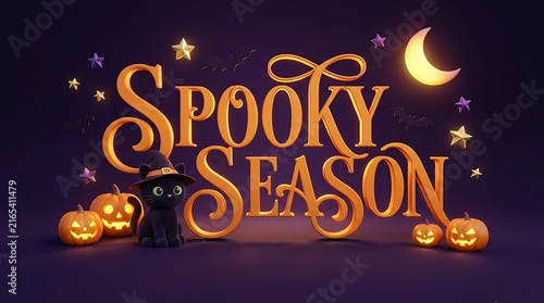 A festive spooky season sign featuring glowing golden 3d typography surrounded by illuminated jack o lanterns under a crescent moon night sky