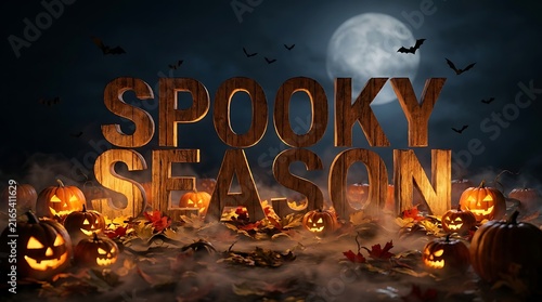 Spooky season text design featuring glowing orange jack o lanterns and a full moon background for a festive halloween holiday celebration concept