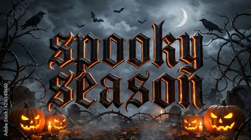 A dark and atmospheric halloween background featuring the words spooky season with glowing carved pumpkins under a full moon and flying crows