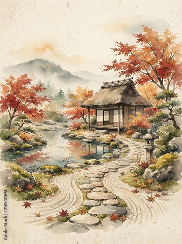 watercolor landscapes on the Japanese Zen Garden