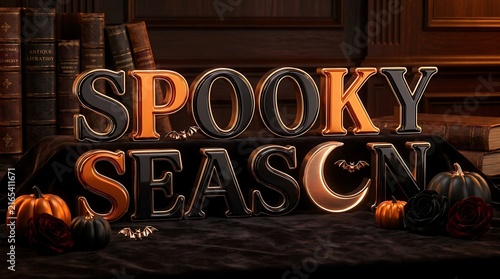 A decorative sign reading spooky season displayed on a dark wooden surface with pumpkins and autumn leaves in a festive holiday setting