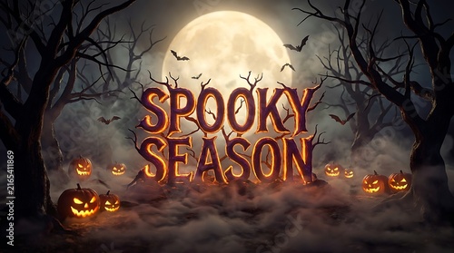 A spooky season background featuring a glowing full moon dark silhouettes of trees flying bats and carved jack o lanterns in a forest