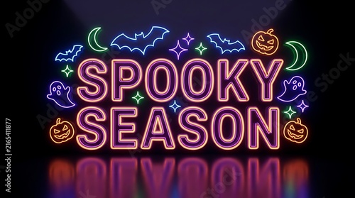 Bright neon sign reading spooky season decorated with glowing pumpkins bats stars and crescent moons isolated on a dark black background design