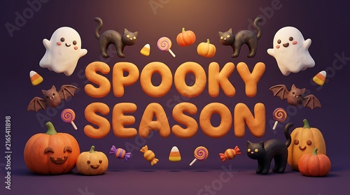 Festive halloween background featuring 3d text that says spooky season surrounded by cute ghosts pumpkins black cats and colorful candy treats illustration