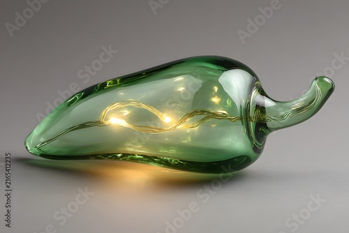 Artistic Green Glass Sculpture Shaped Like an Elongated Apple with a Curved Stem