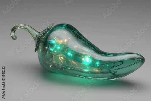 Elegant Green Glass Chili Pepper Sculpture with LED Lights on Gray Background